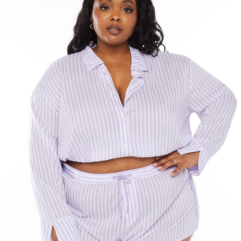 (A9) Savage X‎ Fenty Coastal Stripe Woven Voile Sleep Crop Shirt Drawstring, 1X